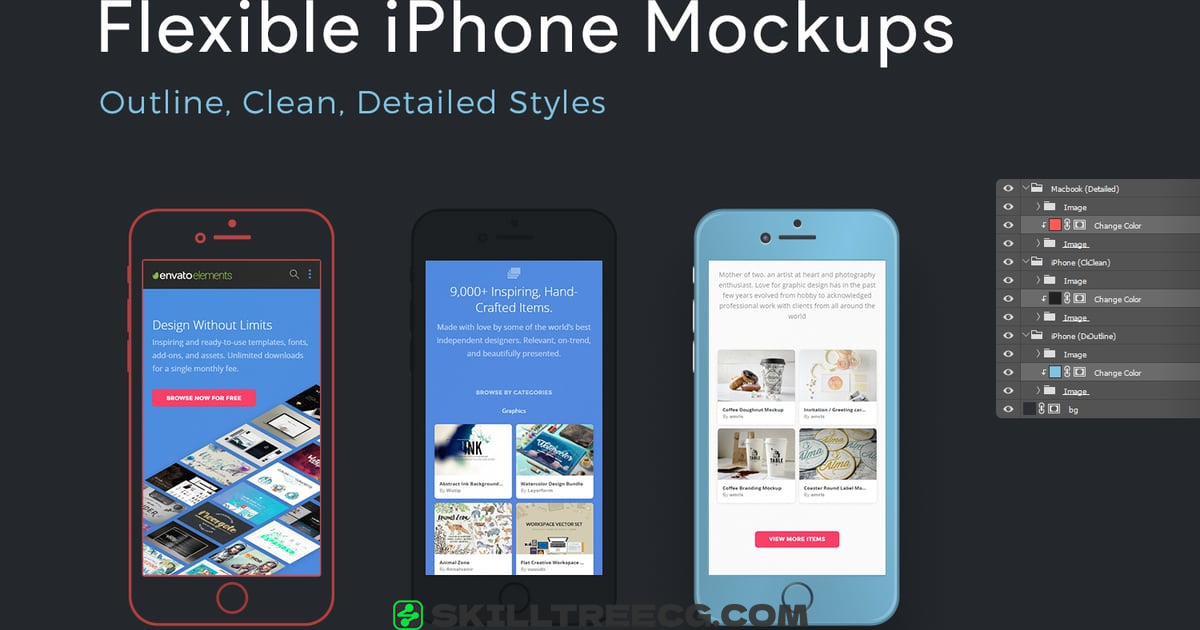 Flexible iPhone Mockups: Detailed, Clean, Outline（754647）-技能树